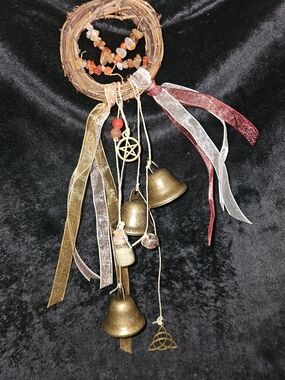 Handcrafted Rustic Bell Wind Chime with Amber Beads and Ribbons